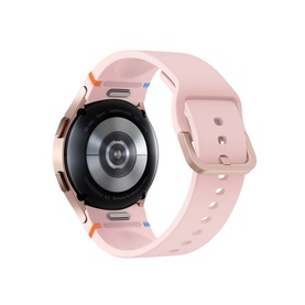 Samsung Watch FE in gold with pink silicone strap, round case, angled view showing watch face and lugs