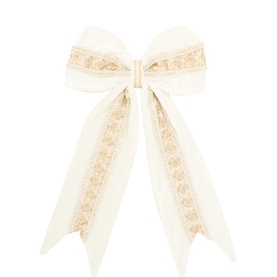 Luxury Garlands Embellished Velour Pre-Tied Bow in white with gold lace detail, large size with long trailing ribbons and hanging loop