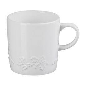 Le Creuset Stoneware Holly Mug 350ml in white with embossed seasonal holly motif detail around the base