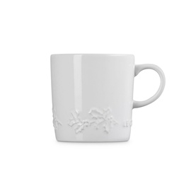 Le Creuset Stoneware Holly Mug 350ml in white with embossed seasonal holly motif relief detail and curved handle
