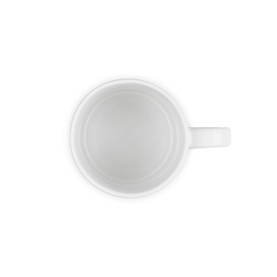 Le Creuset Stoneware Holly Mug 350ml in white, overhead view showing interior and handle, stoneware construction