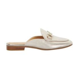 Dune Glair Mule Loafers in metallic leather with gold-tone snaffle hardware, pointed toe, open back, and low flat heel