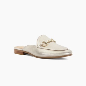 Dune Glair Mule Loafers in metallic leather with gold-tone snaffle hardware, pointed toe, open back, and low flat heel