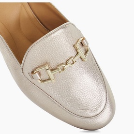 Dune Glair Mule Loafers in metallic leather, close-up of gold-tone snaffle hardware detail on pointed toe