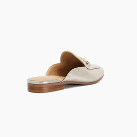 Dune Glair Mule Loafers in metallic leather, back view showing open heel, tan leather lining, and flat rubber sole