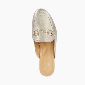 Dune Glair Mule Loafers in metallic gold leather, top-down view showing gold-tone snaffle hardware and padded insole