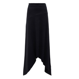 All Saints Gia Asymmetric Flared Skirt in black, elasticated waistband, draped asymmetric handkerchief hemline, flared silhouette