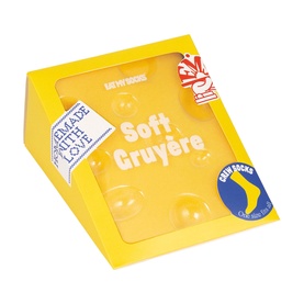 Eat My Socks Soft Gruy&egrave;re Socks in yellow cheese-wedge novelty packaging with printed branding and sock logo