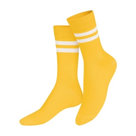 Eat My Socks Soft Gruy&egrave;re Socks in yellow with white double stripes, crew length with ribbed trim, cotton blend