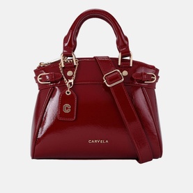 Carvela Mini Valentina Tote Bag in red patent, gold-tone hardware, buckled side straps, top handles and detachable crossbody strap