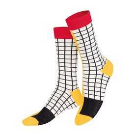 Eat My Socks French Fries Socks in white check pattern with red cuffs, yellow toe and heel, and black foot panel