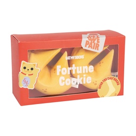 Eat My Socks Fortune Cookie Socks in red gift box shaped like fortune cookie packaging, one pair, over the calf style