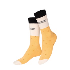 Eat My Socks Fortune Cookie Socks in yellow and cream with black cuff, dotted pattern and printed text detail, over the calf style