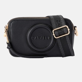 Carvela Mini Roma Circle Crossbody Bag in black with embossed circle logo, gold-tone hardware, and woven crossbody strap