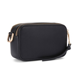 Carvela Mini Roma Circle Crossbody Bag in black with gold-tone hardware, dual zip fastening, and detachable wrist strap visible