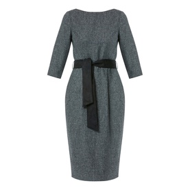 Helen McAlinden Caroline Belted Pencil Dress in grey, bateau neckline, three-quarter sleeves, black self-tie belt, knee-length