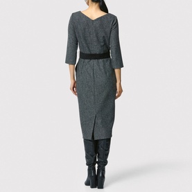 Model wearing Helen McAlinden Caroline Belted Pencil Dress in grey, rear view, styled with black over-the-knee boots