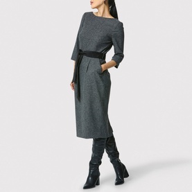 Model wearing Helen McAlinden Caroline Belted Pencil Dress in grey with bateau neckline, three-quarter sleeves and black self-tie belt