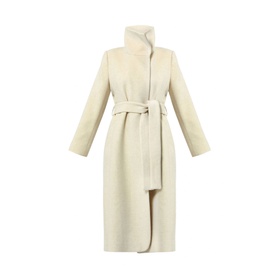 Helen McAlinden Hazel Wrap Coat in cream wool blend, high stand collar, self-fabric belt, wrap front, long sleeves