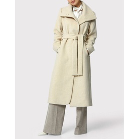 Model wearing Helen McAlinden Hazel Wrap Coat in cream with wide lapels, self-fabric belt, styled with grey wide-leg trousers