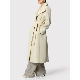 Model wearing Helen McAlinden Hazel Wrap Coat in cream wool blend with wide lapels and self-fabric belt, styled with grey wide-leg trousers