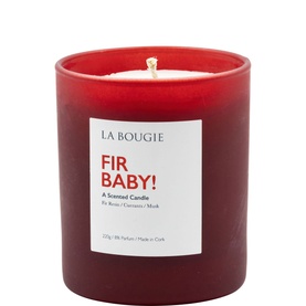 La Bougie Fir Baby Scented Candle 220g in deep red glass vessel with white label, fir resin, currants and musk notes