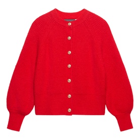 Mint Velvet Military Rib Knit Cardigan in red with round neckline, balloon sleeves, ribbed trims and gold military button fastening