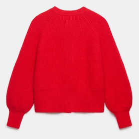 Mint Velvet Military Rib Knit Cardigan in red, round neckline, balloon sleeves, ribbed trims, alpaca wool blend
