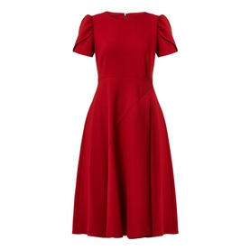 Helen McAlinden Vera Fit-And-Flare Dress in red, round neckline, short puffed sleeves, fitted bodice, flared midi skirt