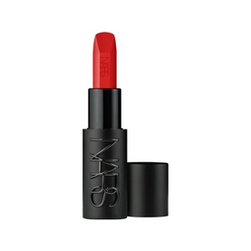 NARS Explicit Lipstick in Incendiary, a bold red shade, in black cylindrical packaging with cap removed, 4.2g