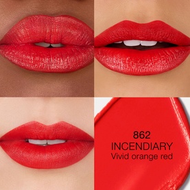 NARS Explicit Lipstick in Incendiary 862, vivid orange red shade shown in three lip swatches across different skin tones