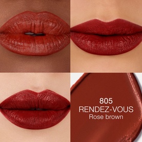 Nars Explicit Lipstick Refill in 805 Rendez-Vous, rose brown shade shown in four lip swatch close-ups across skin tones