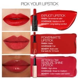 Nars Explicit Lipstick Refill in red, shown in a Pick Your Lipstick guide comparing satin, matte, and sensual shine finishes