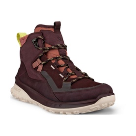Ecco ULT TRN Hiking Boots in deep burgundy leather, high-top silhouette, contrast laces, pull tab, cream Michelin rubber outsole