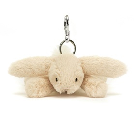 Jellycat Smudge Rabbit Bag Charm 13cm in cream, fluffy plush bunny with silver clip keyring attachment