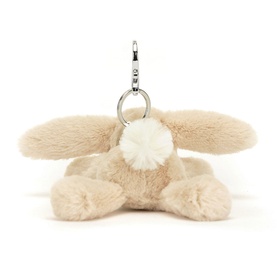 Jellycat Smudge Rabbit Bag Charm 13cm in cream, fluffy plush bunny with large ears and white pompom tail, silver clip fastening