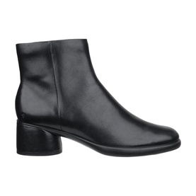Black leather ankle boot with round toe, cylindrical block heel, side zip fastening, and small logo badge