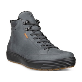 Ecco Soft 7 Tred Ankle Boots in grey leather, mid-cut with hook and eye laces, padded shearling cuff and rubber sole