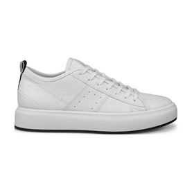 Ecco Street Ace Lace-Up Trainers in white leather with perforated details, pull tab, and contrast black rubber sole