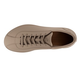 Ecco Soft Zero Lace-Up Trainers in beige leather, top-down view showing lace-up front, pebbled finish and ridged rubber outsole