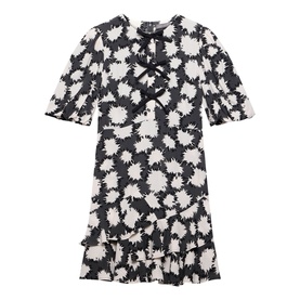 Mint Velvet Abstract Tiered Mini Dress in black monochrome floral print, bow neckline, short puff sleeves, tiered ruffle hem