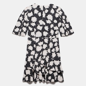 Mint Velvet Abstract Tiered Mini Dress in black monochrome floral print, short puff sleeves, tiered ruffle skirt, back view