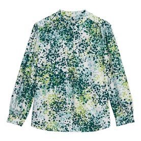 Hobbs Beatrix Floral Blouse in white with green floral print, band collar, half button placket, and three-quarter-length sleeves