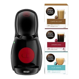 Delonghi Dolce Gusto 3 Pack Bundle in black with red detail, shown with Caf&eacute; au Lait, Americano and Flat White capsule boxes