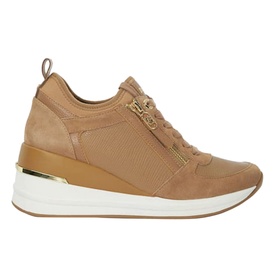 Dune Eiline Lace-Up Wedge Trainers in beige leather, gold-tone zip and eyelets, contrasting panels, white wedge sole
