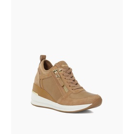 Dune Eiline Lace-Up Wedge Trainers in beige leather with gold-tone eyelets, side zip detail, contrasting panels, and white wedge sole