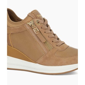 Dune Eiline Lace-Up Wedge Trainers in beige leather with gold-tone zip detail, contrasting mesh panel, and white wedge sole