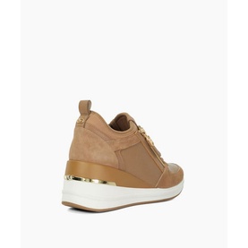 Dune Eiline Lace-Up Wedge Trainers in beige leather, rear view showing side zip, gold-tone accents, and white wedge sole
