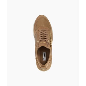 Dune Eiline Lace-Up Wedge Trainers in beige leather, overhead view showing gold-tone eyelets, side zip detail and contrasting panels