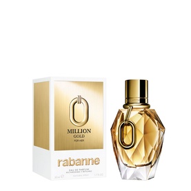 Rabanne Million Gold For Her Eau de Parfum Refillable 50ml, gold faceted bottle with gold cap beside white and gold gift box